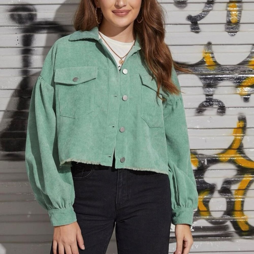 NEVER WORN Button Front Raw Hem Corduroy Jacket